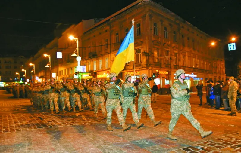 Репетиція Маршу захисників України у центрі Львова.