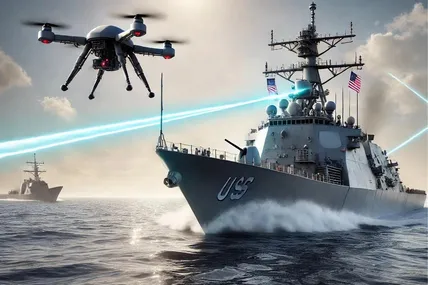 На фото: Лазерний захист корабля ВМС США. Візуалізація: AI.