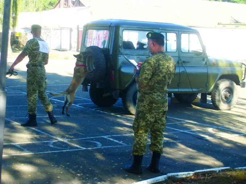 Один із етапів змагання - пошук наркотиків, вибухівки чи цигарок у багажі пасажирів (працює німецька вівчарка Трістан).