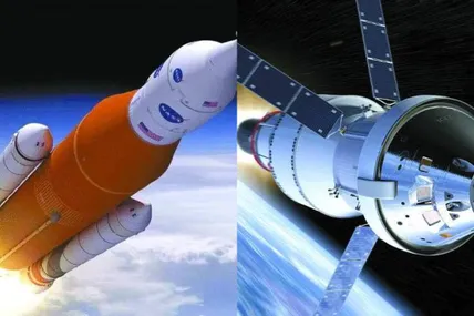 На певному етапі польоту проміжний кріогенний ступінь ракети SLS (ліворуч) надасть "Оріону" такого імпульсу, аби цей апарат (праворуч) був здатний вирушити у самостійну подорож навколо Місяця. Фотоінсталяція NASA