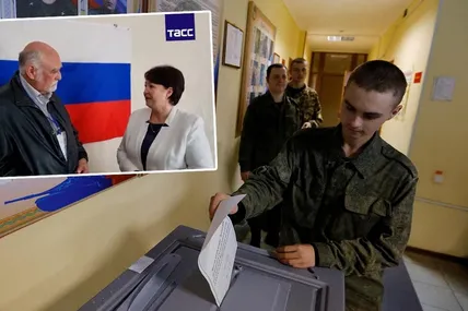 Німецький "спостерігач" розповідає телепропагандистам із рф, що "референдум" на окупованому росіянами українському Запоріжжі відбувається в атмосфері "ентузіазму"... Фото Reuters.