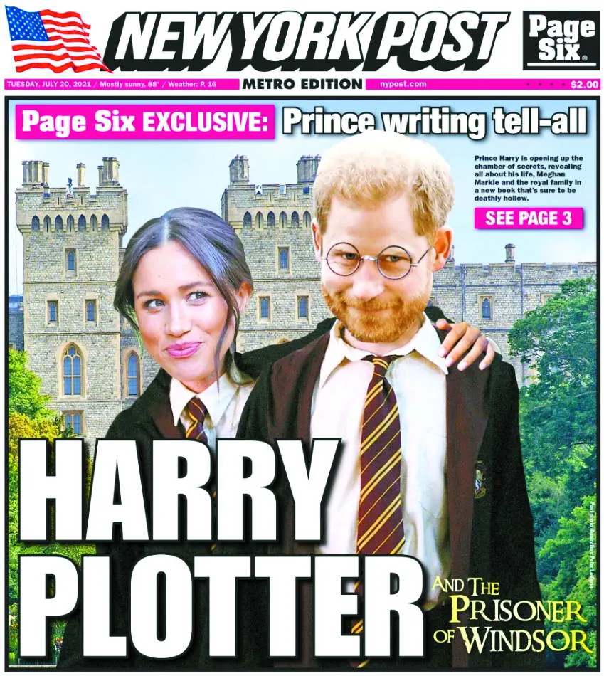 За версією New York Post, книгу мемуарів принца Гаррі можна назвати “Гаррі Плоттер і в’язень Віндзора”. Плоттер у перекладі з англійської – змовник, інтриган... Фото pagesix.com